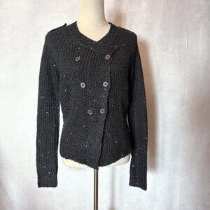 Jennifer Lopez Sequin Knit Cardigan Sweater Double Breast Metallic Black Size S